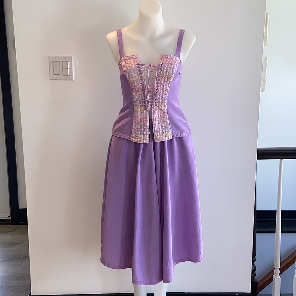 RARE 70s Vintage Lilac & Pastel Corset With Full Circle Skirt Set